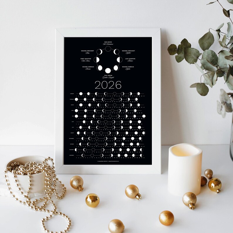 2026 Dark Moon Phase Calendar (SHIPS FLAT) Hangable Dark Lunar Wall ...