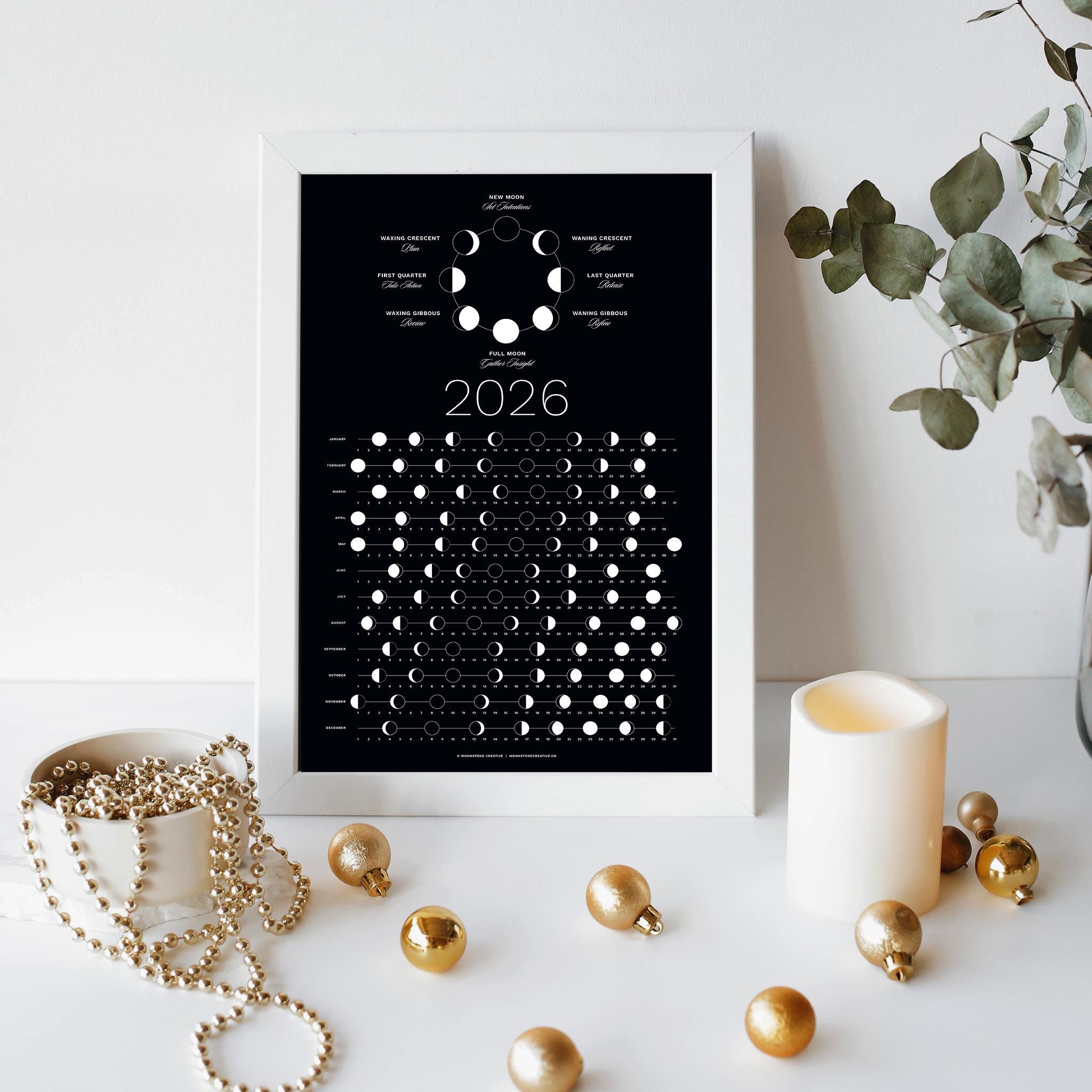 2026 Dark Moon Phase Calendar (SHIPS FLAT) Hangable Dark Lunar Wall ...