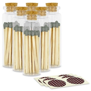 2&quot; Gray Matches in 6 Glass Bottles w/ Cork Top, Striker & 20 Quality Artisan Matches Each Bottle 120+ Total-Striking Stickers Included