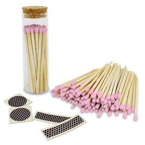 4” Light Pink Artisan Matches in a Chic Glass Jar, Cork Lid (Striking Stickers Included)