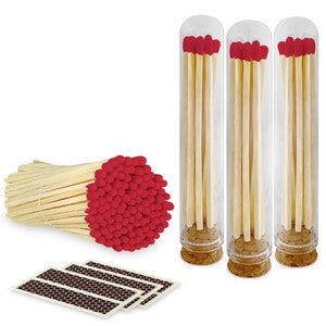 4” Red Long Artisan Matches in 3 Chic Mini Glass Cloches / Dome Jars, Cork Lids (Striking Stickers Included)