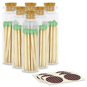 2&quot; Light Green Matches in 6 Glass Bottles w/ Cork Top Striker & 20 Quality Artisan Matches Each Bottle 120+ Total-Striking Stickers Included