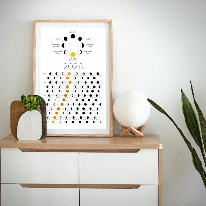 2026 Moon Phase Calendar (SHIPS FLAT) - Hangable Gold Lunar Wall Poster ...