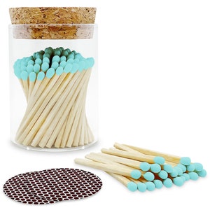 2” Light Blue Small Artisan Matches in a Chic Jar, Cork Lid (Striking Stickers Included)