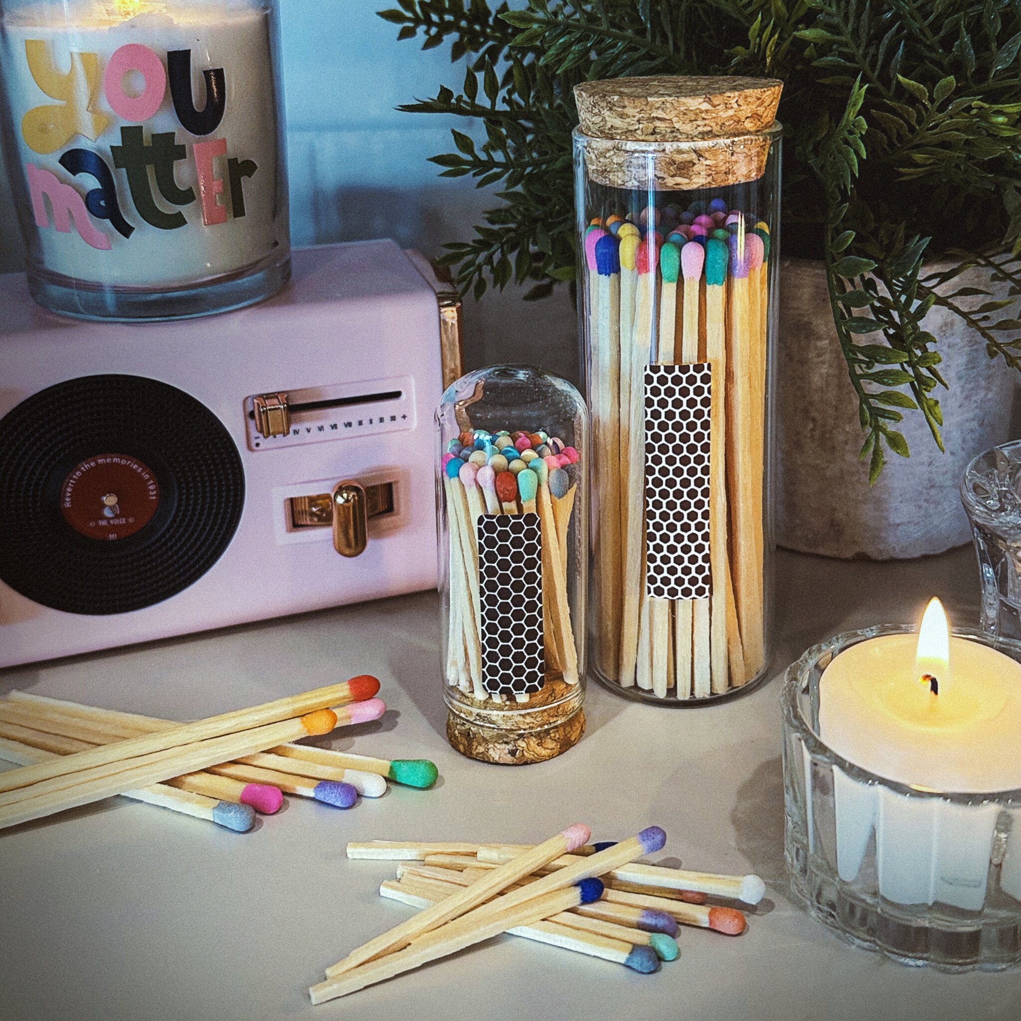 4 Rainbow Artisan Matches in a Chic Glass Jar, Cork Lid striking