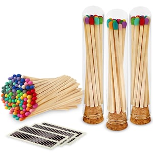 4” Rainbow Long Artisan Matches in 3 Chic Mini Glass Cloches / Dome Jars, Cork Lids (Striking Stickers Included)
