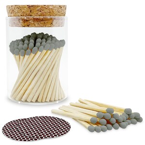 2” Gray Small Artisan Matches in a Chic Jar, Cork Lid (Striking Stickers Included)