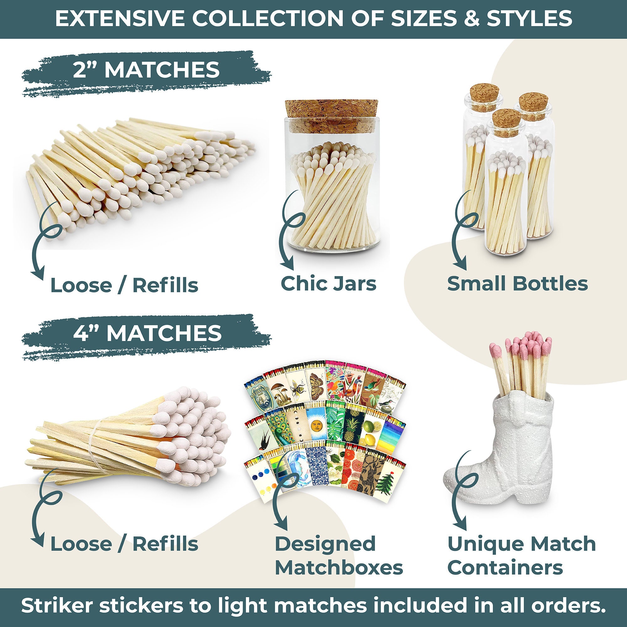 4 Rainbow Artisan Matches in a Chic Glass Jar, Cork Lid striking