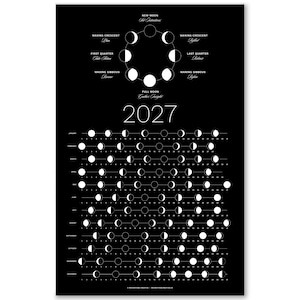 May include: A black 2027 lunar calendar poster featuring white moon phase illustrations for each month. The top section displays a circular diagram of moon phases with labels including New Moon, First Quarter, Full Moon, and Last Quarter.