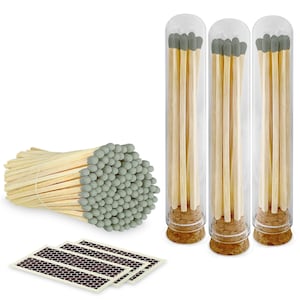 4” Gray Long Artisan Matches in 3 Chic Mini Glass Cloches / Dome Jars, Cork Lids (Striking Stickers Included)