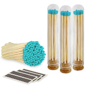 4” Light Blue Long Artisan Matches in 3 Chic Mini Glass Cloches / Dome Jars, Cork Lids (Striking Stickers Included)