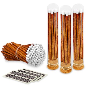 4” Carrot Cake Long Artisan Matches in 3 Chic Mini Glass Cloches / Dome Jars, Cork Lids (Striking Stickers Included)