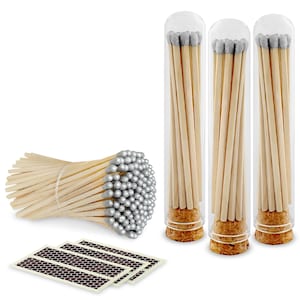 4” Silver Long Artisan Matches in 3 Chic Mini Glass Cloches / Dome Jars, Cork Lids (Striking Stickers Included)