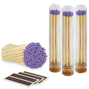 4” Lilac Long Artisan Matches in 3 Chic Mini Glass Cloches / Dome Jars, Cork Lids (Striking Stickers Included)