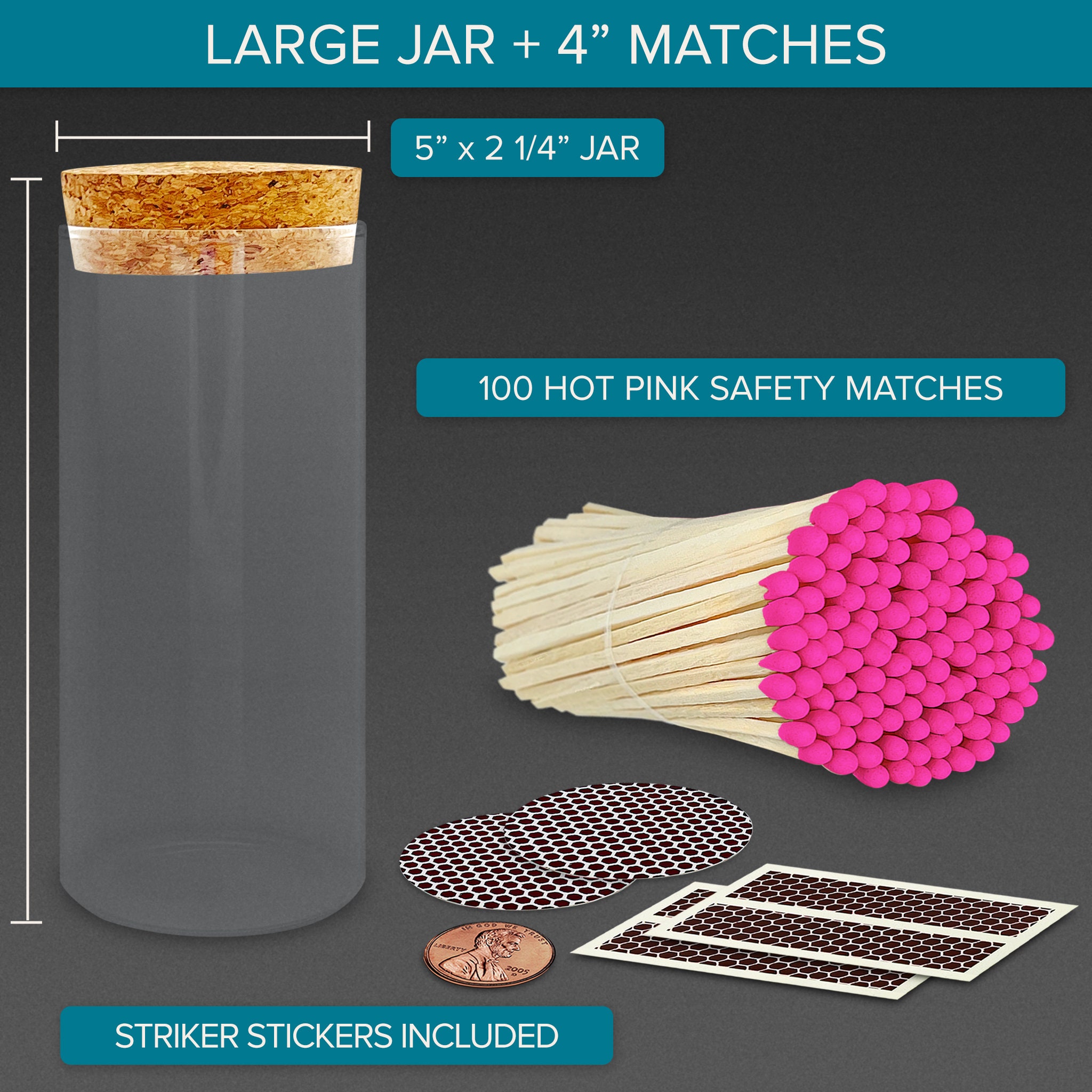 Pink Matches Sticker 4” Hot Pink Artisan Matches (100 Ct) in a Large Chic Glass Jar, Cork ...