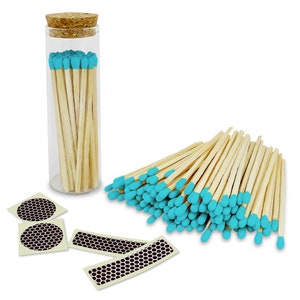 4” Light Blue Artisan Matches in a Chic Glass Jar, Cork Lid (Striking Stickers Included)