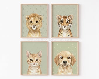 Láminas de acuarela para guardería Little Paws: león, tigre, gato y perro (descarga digital)