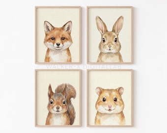 Láminas de acuarela para guardería de Forest Friends: zorro, conejo, ardilla y hámster (descarga digital)