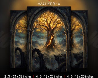 Lámina artística de árbol de fantasía oscura, arte mural de ruinas góticas, decoración con brillo de brasas (DESCARGA DIGITAL)