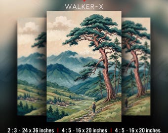 Gnarled Evergreen and the Hazy Valley, Japanese-Inspired Landscape Art, Serene Home Decor (DIGITAL DOWNLOAD)