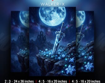 Lámina de arte de espada de fantasía oscura, lirios azules brillantes, decoración de luna azul (DESCARGA DIGITAL)