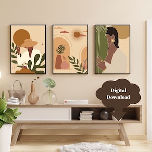 Boho Gallery Wall Art Set Of 3,Modern Prints,Bohemian Art home Decor Woman Wall Art Printable Boho Wall Art Livingroom Wall Decor Set of 3