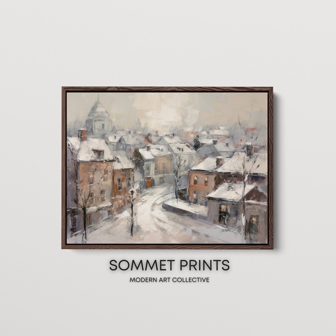 Winter Village Landscape Print | Modern Snow Painting | Serene Digital ...