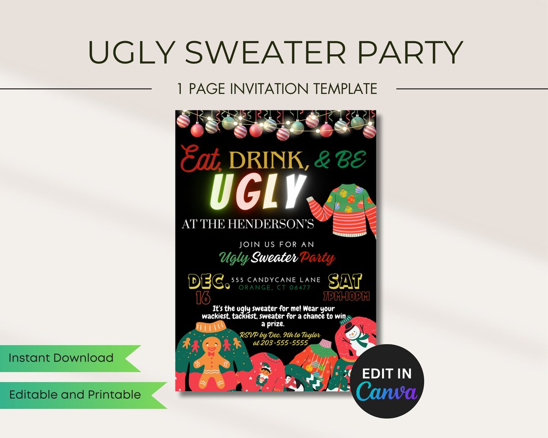 Editable Ugly Sweater Party Invitation, 1 Sided Sheet, Printable ...