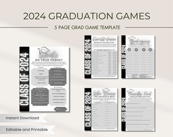 Editable 2024 Graduation party Games Bundle, 5 Graduation 1 Sided Sheets, Printable Graduation games for Recent graduates, Digital Download