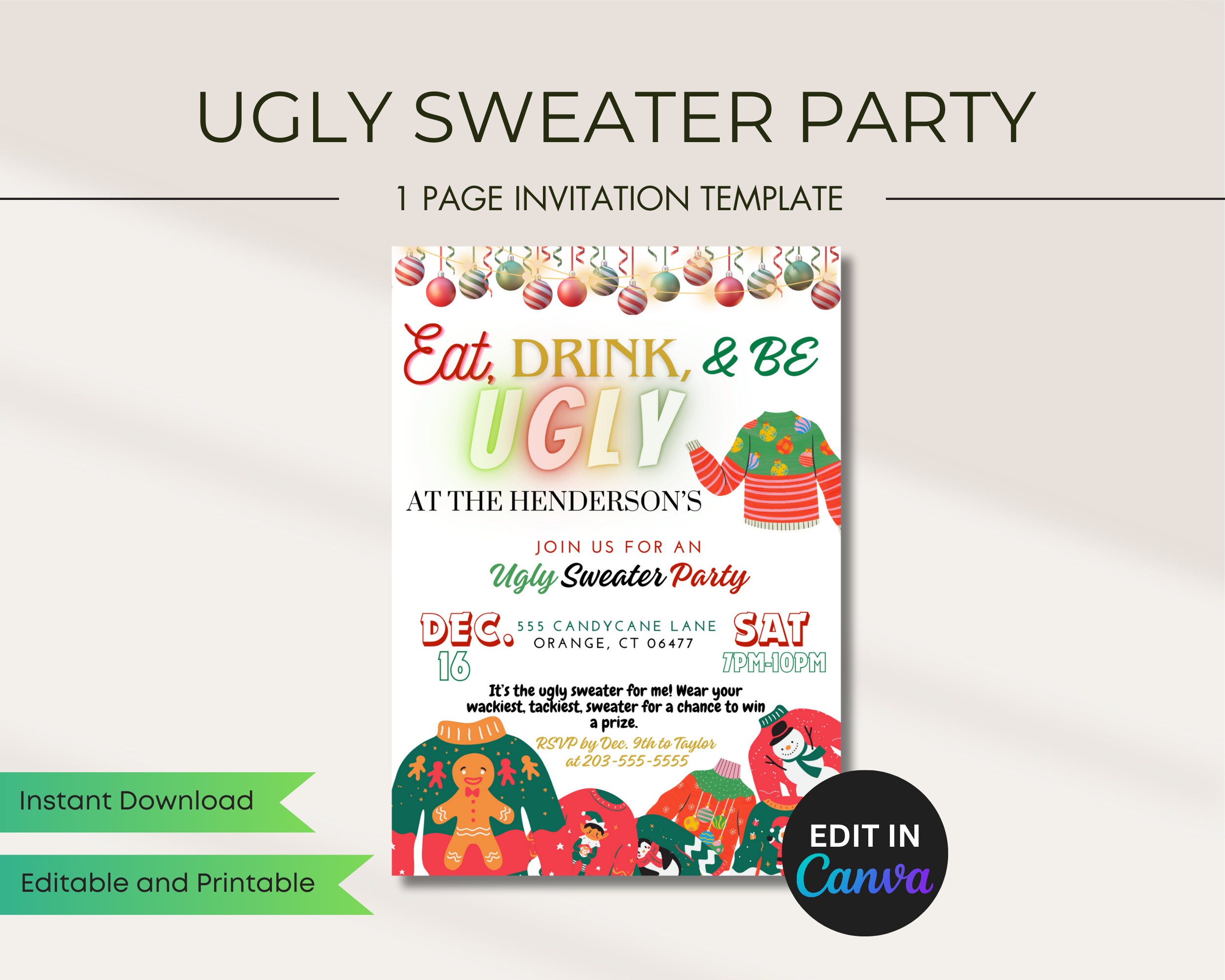 Editable Ugly Sweater Party Invitation, 1 Sided Sheet, Printable ...