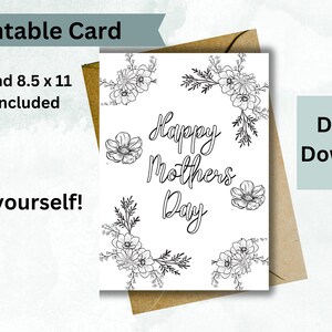 Printable Mothers Day Coloring Card, Printable card template for Mother&#39;s Day, Last Minute Mother&#39;s day Gift, Mothers Day Flower Card