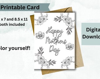 Printable Mothers Day Coloring Card, Printable card template for Mother's Day, Last Minute Mother's day Gift, Mothers Day Flower Card