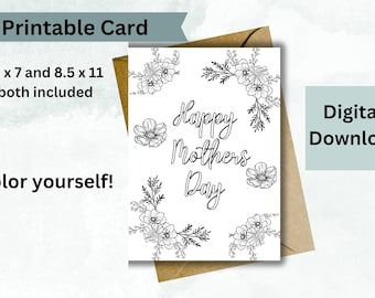 Printable Mothers Day Coloring Card, Printable card template for Mother's Day, Last Minute Mother's day Gift, Mothers Day Flower Card