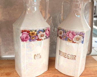 German Lustreware Porcelain Cruets, Oil and Vinegar, Floral and Gold.