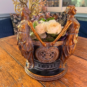 Large and Beautiful Art-Nouveau-Style Gold and Black Three Graces Centerpiece Vase with Removable Flowers