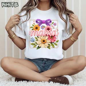 Mama Floral Script T-Shirt, Sunflower Bouquet Tee with Bow Accent, Mothers Day Gift