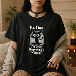 Peut inclure: T-shirt noir avec l'inscription "It's Fine, I'm Okay, Everything's Normal" et un chat de dessin animé aux yeux bleus. Le chat est noir avec un design vieilli. Le t-shirt est à col rond.