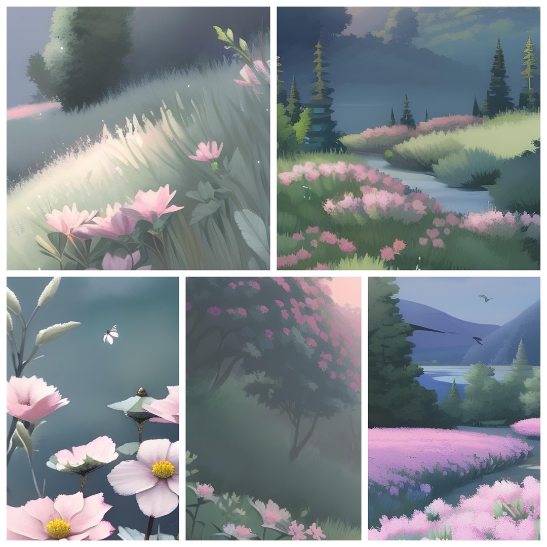 Floral Digital Wall Art Light Pink and Green Flowers Scenery Etsy