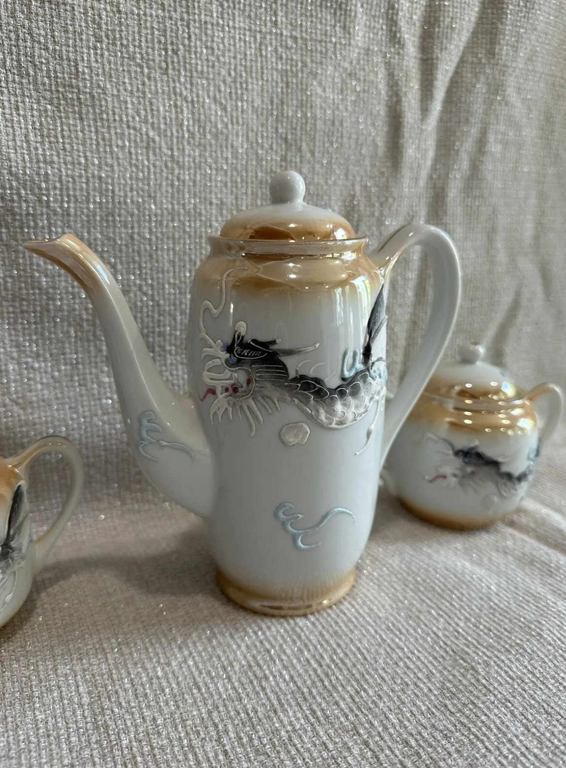 Vintage Japanese Dragon Tea Set With Geisha Lithophan Porcelain