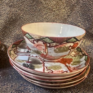 Kutani eierschaal kop en schotels, handgeschilderd (set van 5)