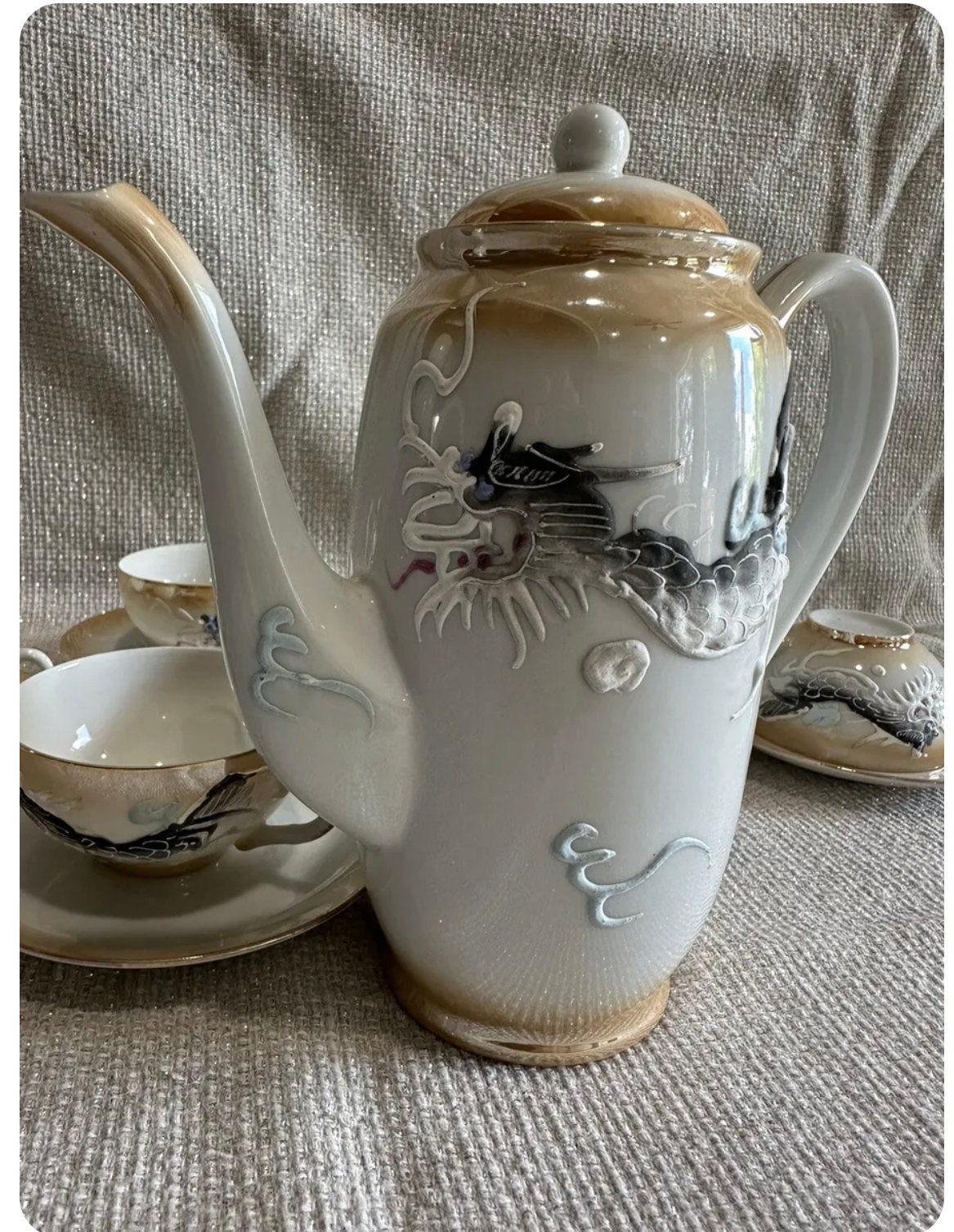 Vintage Japanese Dragon Tea Set With Geisha Lithophan Porcelain