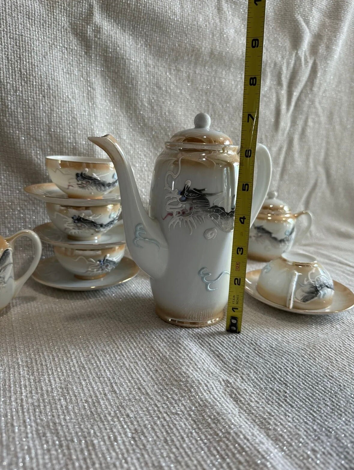 Vintage Japanese Dragon Tea Set With Geisha Lithophan Porcelain