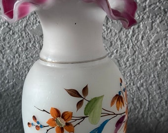 Bristol Opaline glass handblown painted 10 in vase with pink ruffled edges