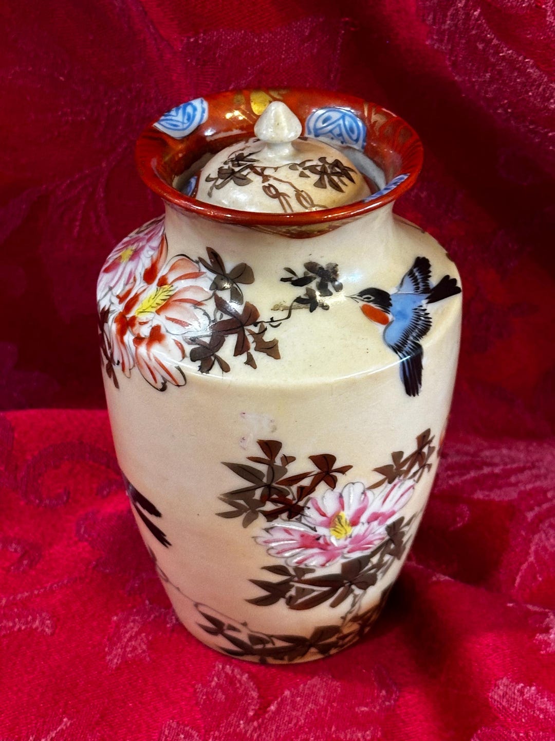 Antique Japanese Satsuma Lidded Jar – Hand Painted Bird & Peony, Gilt