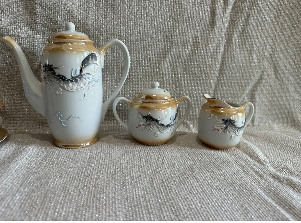 Vintage Japanese Dragon Tea Set With Geisha Lithophan Porcelain