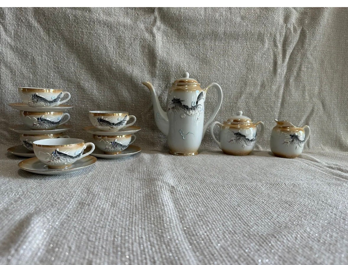 Vintage Japanese Dragon Tea Set With Geisha Lithophan Porcelain