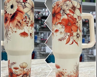 Burnt Orange Floral 40 oz tumbler with handle and straw FAST SHIPPING