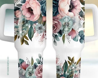Teal and Pink Floral  40 oz tumbler with handle and straw FAST SHIPPING