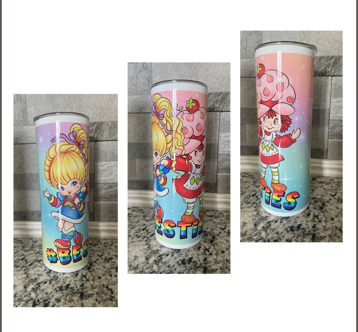 Besties 80s Cartoon Characters 20 oz tumbler with rubber bottom and straw  FAST SHIPPING