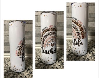 Teacher Rainbow Cheetah  20 oz tumbler with rubber bottom and straw  FAST SHIPPING